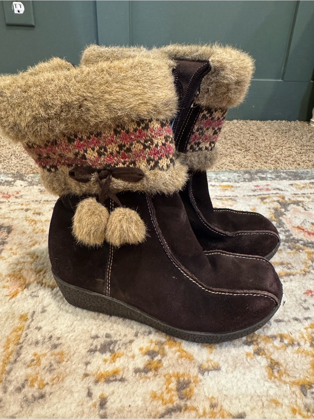 Kids Faux-Fur Trim Brown Suede Winter Boots